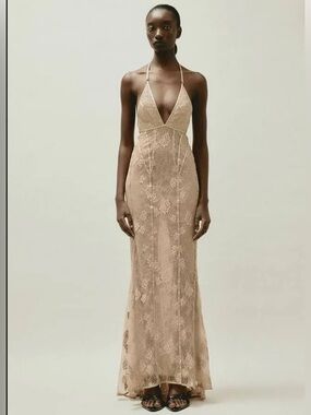H&M Studio Limited Edition Lace Halter Evening Dress in Beige